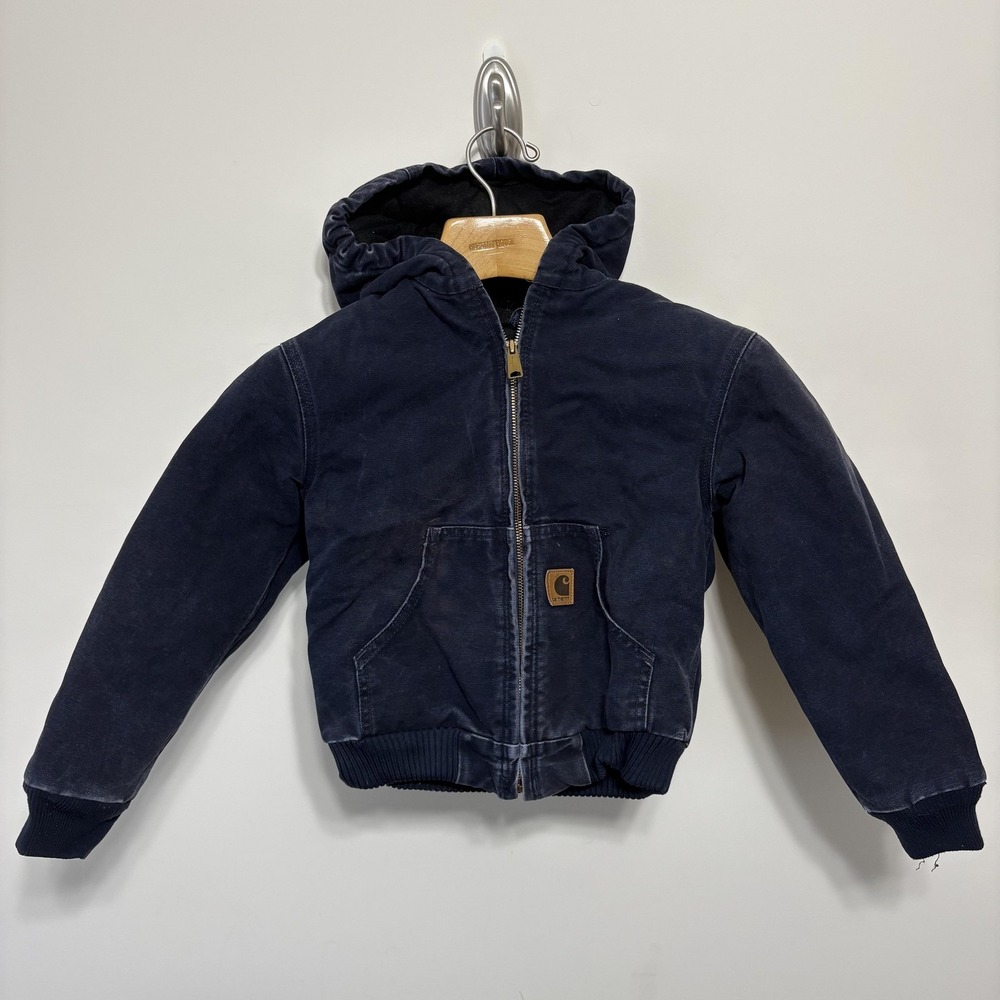 Carhartt Jacket Kids Medium Blue Hooded Full Zip Insulated Canvas Workwear YJ138